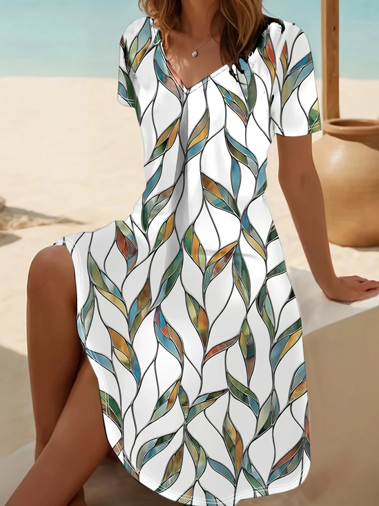 Damen Blätter Sommer Print Kleid V-Ausschnitt Kurzarm Passen & Flare Kleid A-Linien-Kleid