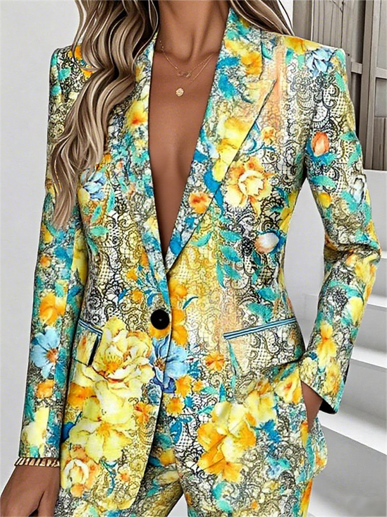 Damen Geblümt Frühling/Herbst Oberbekleidung Einfach Langarm Reverskragen Regelmäßig Blazer