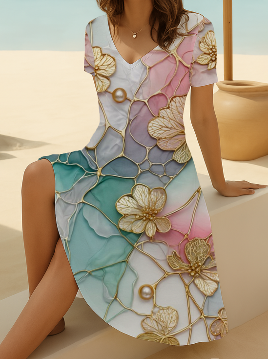 Damen Geblümt Sommer Print Kleid V-Ausschnitt Kurzarm Passen & Flare Kleid A-Linien-Kleid