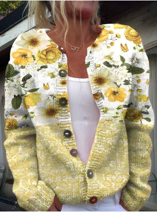 Damen Gestrickt Geblümt Langarm Bequem Retro Strickjacke