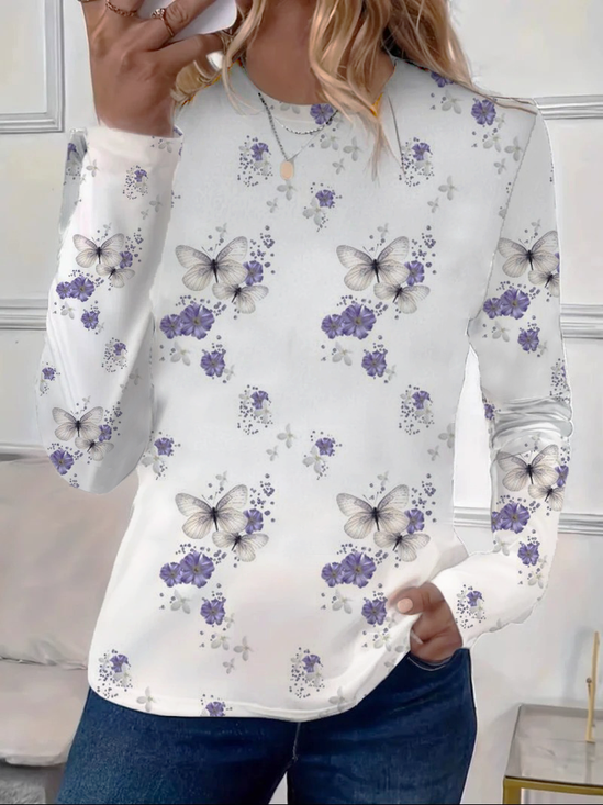 Lässig Geblümt Rundhals Langarm T-Shirt