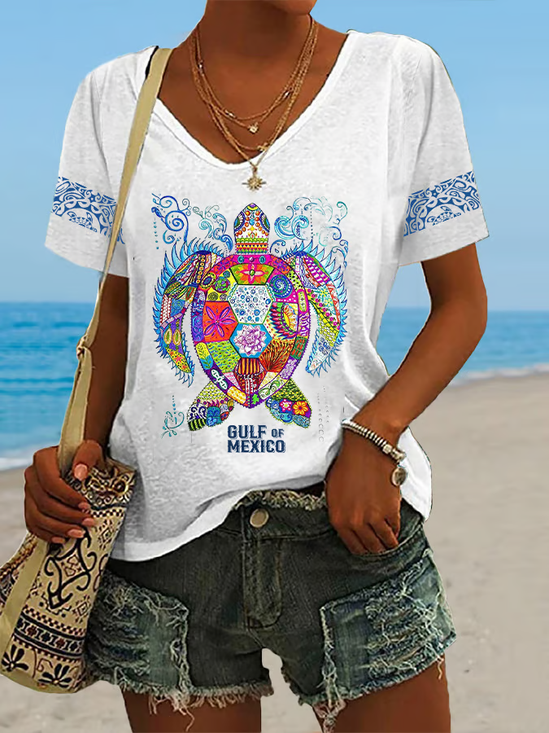Lässig Geometrisch V-Ausschnitt Kurzarm T-Shirt
