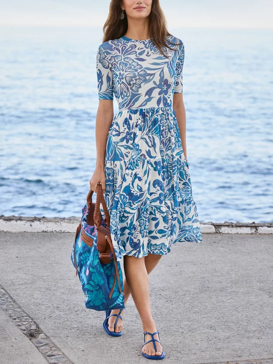 Damen Geblümt Sommer Kleid Rundhals Kurzarm A-Linien-Kleid