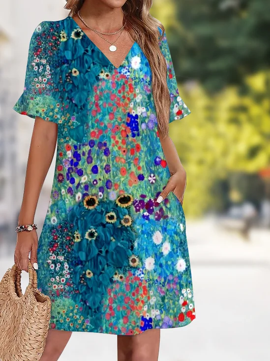 Damen Geblümt Sommer Kleid V-Ausschnitt Ärmellos Tanktop A-Linien-Kleid