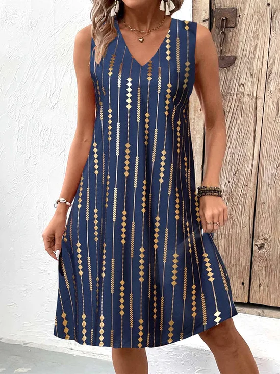 Damen Geometrisch Sommer Kleid V-Ausschnitt Ärmellos Tanktop A-Linien-Kleid
