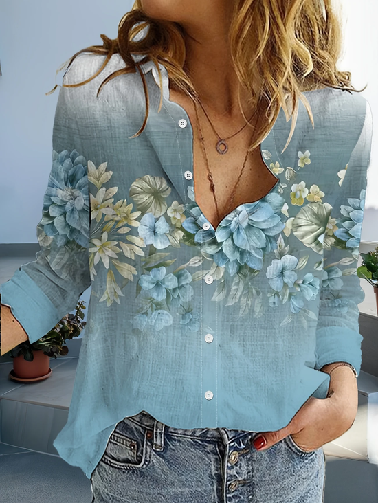 Hemdkragen Langarm Geblümt Schnalle Regelmäßig Weit Knopfhemd Bluse für Damen