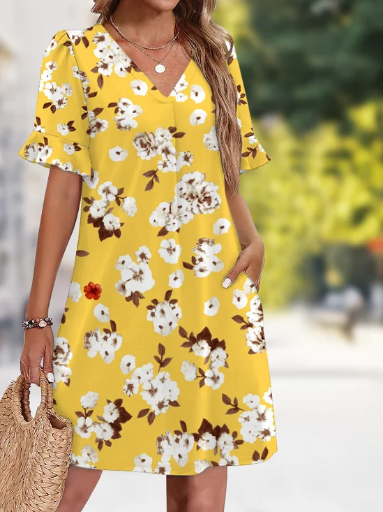 Damen Geblümt Sommer Kleid V-Ausschnitt Ärmellos Tanktop A-Linien-Kleid