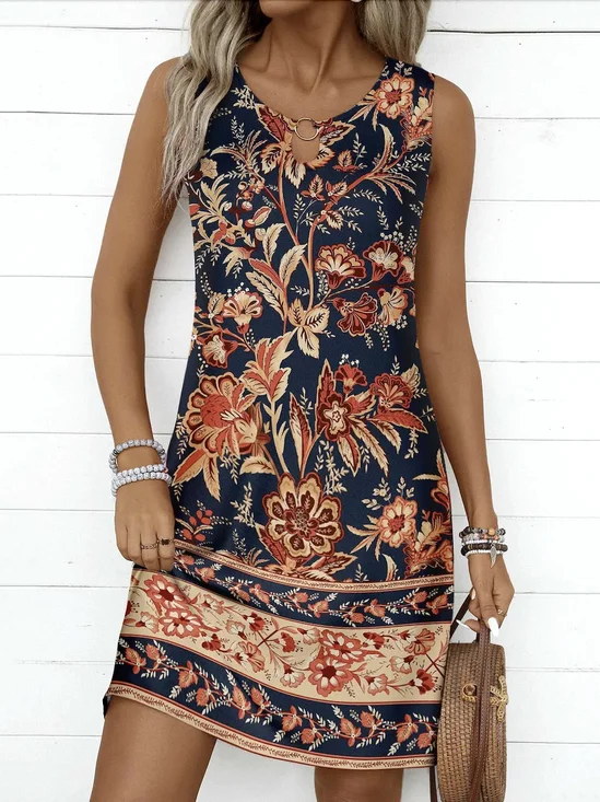 Damen Geblümt Sommer Kleid Rundhals Ärmellos Tanktop A-Linien-Kleid