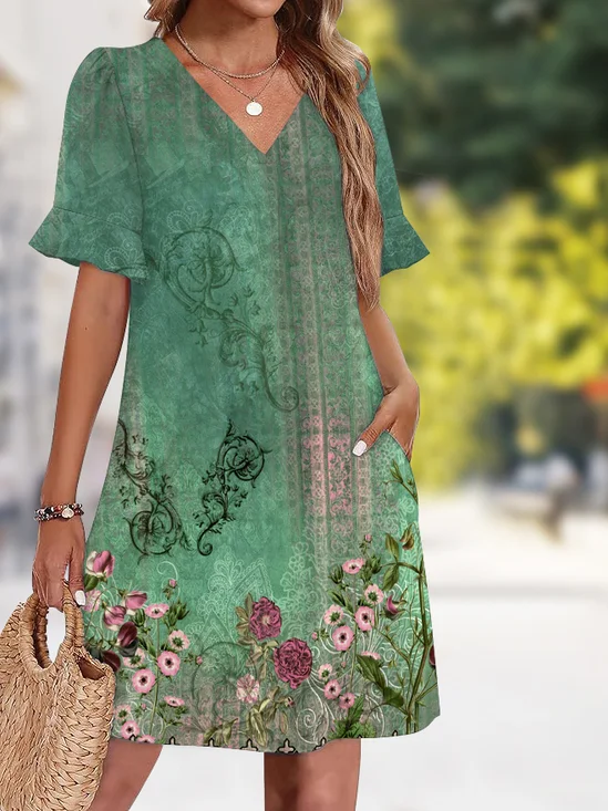 Damen Geblümt Sommer Kleid V-Ausschnitt Ärmellos Tanktop A-Linien-Kleid