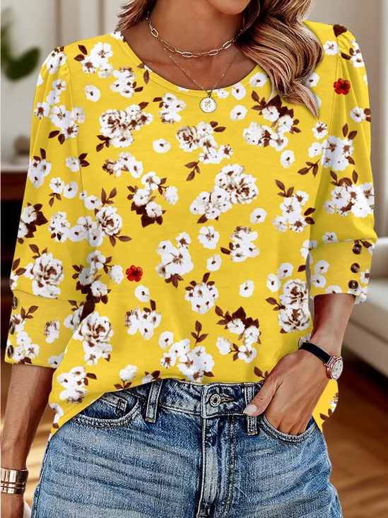 Lässig Geblümt Rundhals Dreiviertelärmel T-Shirt