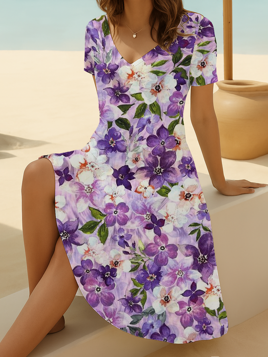Damen Geblümt Sommer Print Kleid V-Ausschnitt Kurzarm Passen & Flare Kleid A-Linien-Kleid