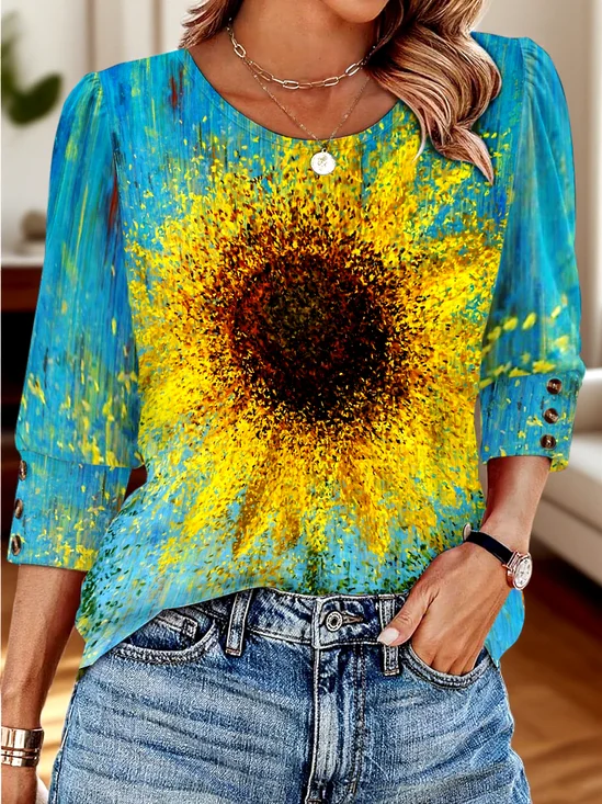 Lässig Geblümt V-Ausschnitt Langarm T-Shirt