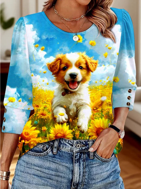 Lässig Geblümt V-Ausschnitt Langarm T-Shirt