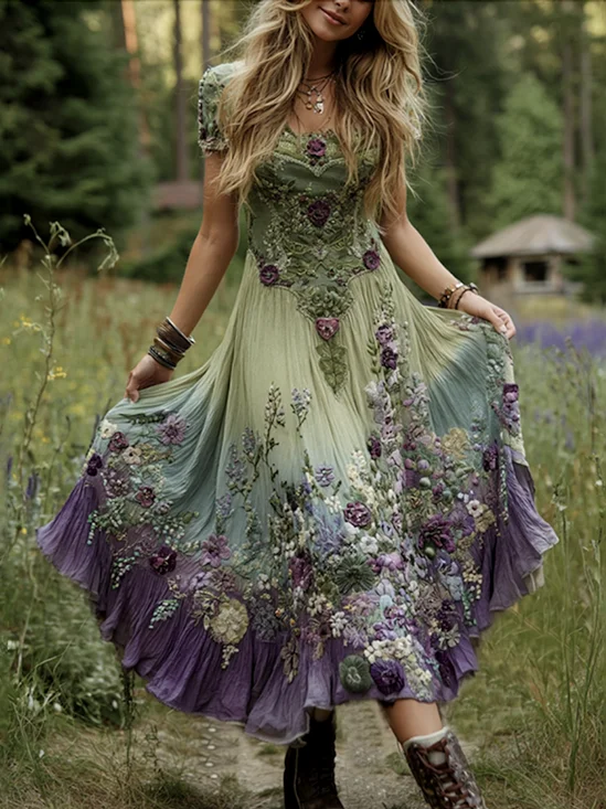 Damen Geblümt Sommer Kleid Rundhals Kurzarm A-Linien-Kleid