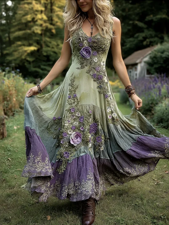Damen Geblümt Sommer Kleid Rundhals Ärmellos A-Linien-Kleid
