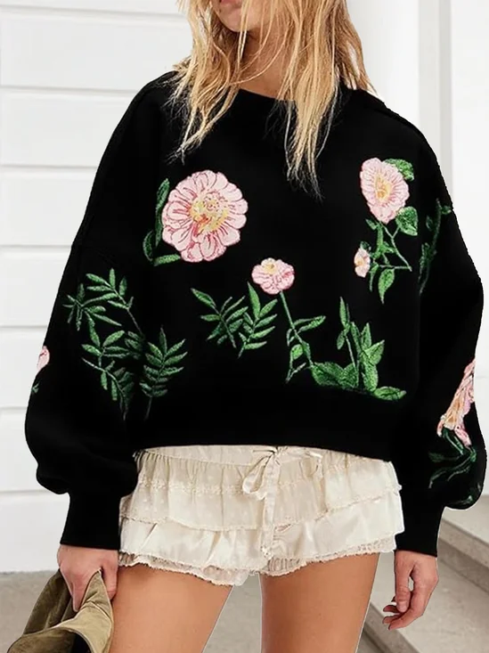 Lässig Rundhals Geblümt Sweatshirt