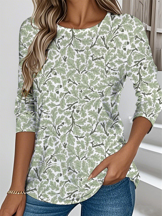 Lässig Blätter Rundhals Langarm T-Shirt
