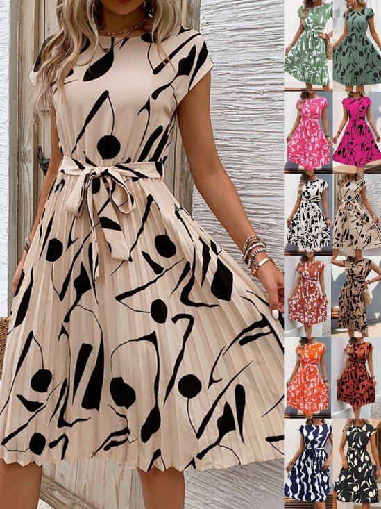 Damen Abstrakt Grafik Sommer Print Kleid V-Ausschnitt Kurzarm Tanktop A-Linien-Kleid