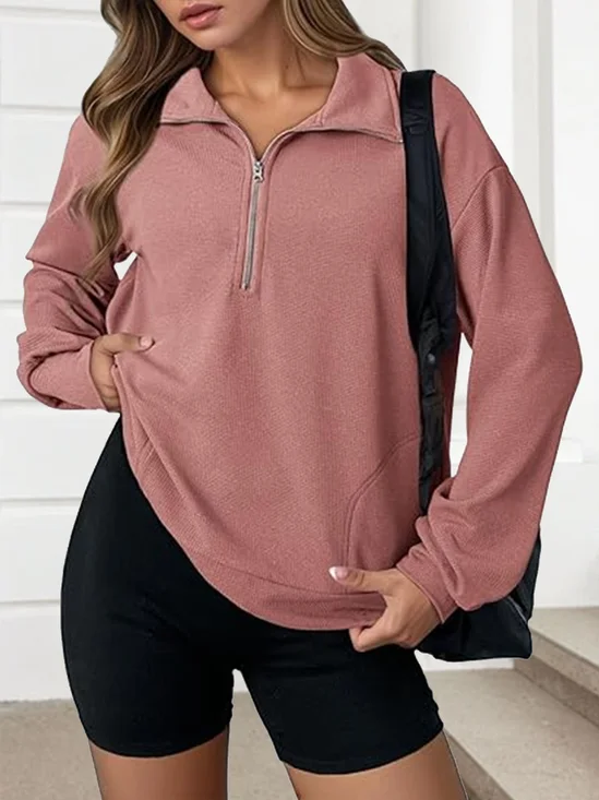 Lässig Hemdkragen Unifarben Sweatshirt