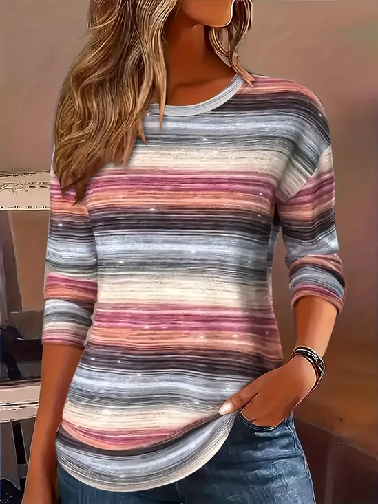 Lässig Gestreift Rundhals Langarm T-Shirt