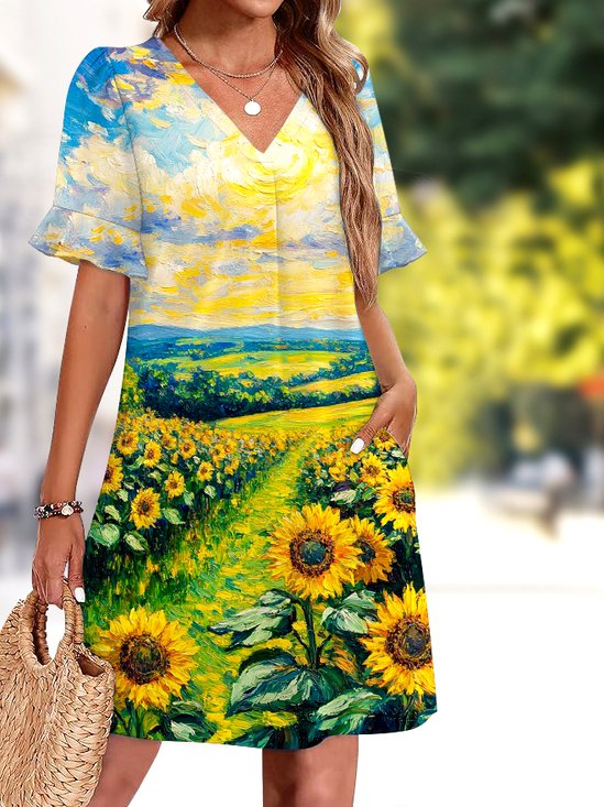 Damen Unifarben Sommer Kleid V-Ausschnitt Kurzarm Passen & Flare Kleid A-Linien-Kleid