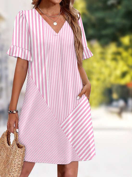 Damen Unifarben Sommer Kleid V-Ausschnitt Kurzarm Passen & Flare Kleid A-Linien-Kleid