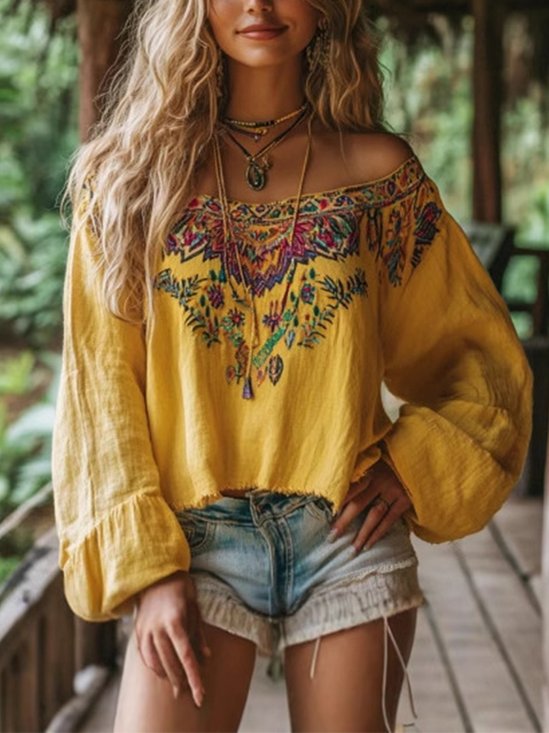 Schulterfrei Ballon-Ärmel Langarm Geblümt Pullover Print Leicht Weit Bluse für Damen