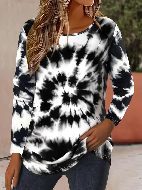 Lässig Tie-Dye-Muster Rundhals Langarm T-Shirt