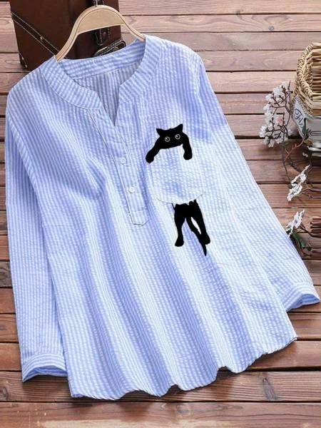V-Ausschnitt Langarm Gestreift Print Regelmäßig Mikroelastizität Weit Tunika Bluse für Damen