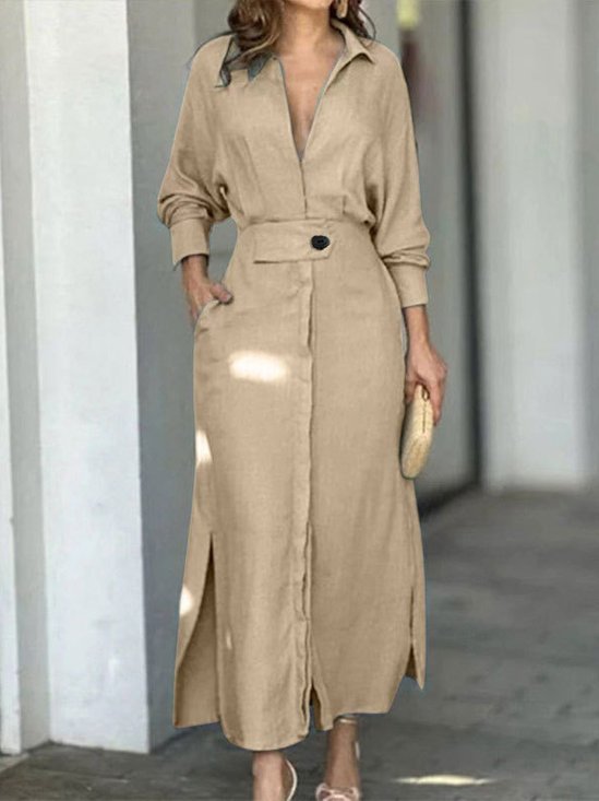 Damen Unifarben Frühling/Herbst Nahtverarbeitung Kleid V-Ausschnitt Langarm Tanktop A-Linien-Kleid
