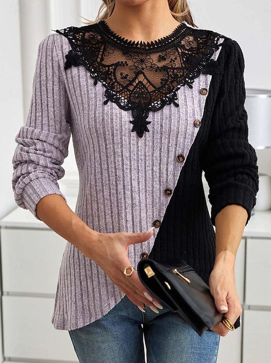 Schmal Passen Spitze Rundhals Farbe Matching Gerippt Kreuz Saum Langarm Gestrickt Elegant Pendler T-Shirt Oberteile