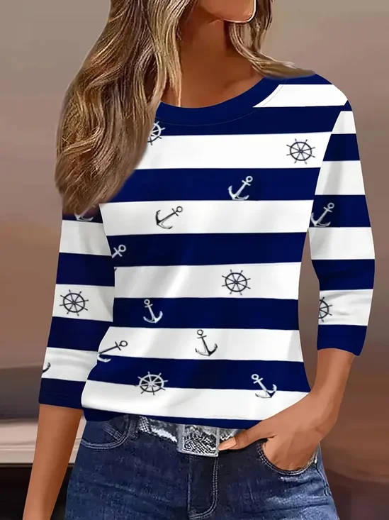 Lässig Gestreift Rundhals Dreiviertelärmel T-Shirt