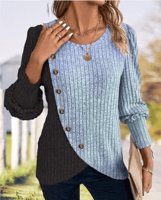 Schmal Passen Rundhals Farbe Matching Gerippt Kreuz Saum Langarm Frühling und Herbst Gestrickt Pendler T-Shirt Oberteile