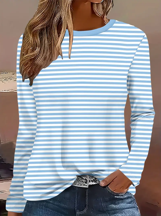 Lässig Gestreift Rundhals Langarm T-Shirt