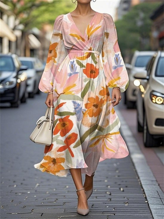 Damen Geblümt Puffärmel Frühling/Herbst Kleid V-Ausschnitt Langarm A-Linien-Kleid