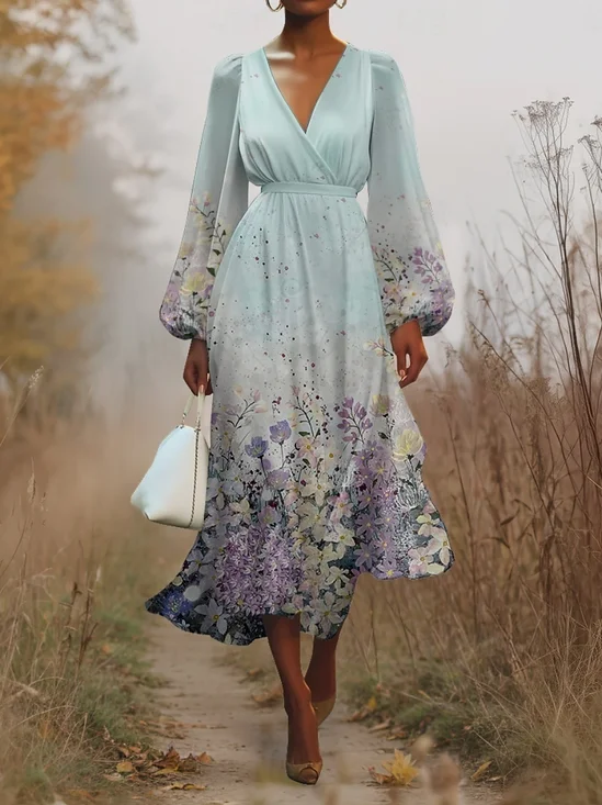 Damen Geblümt Puffärmel Frühling/Herbst Kleid V-Ausschnitt Langarm A-Linien-Kleid