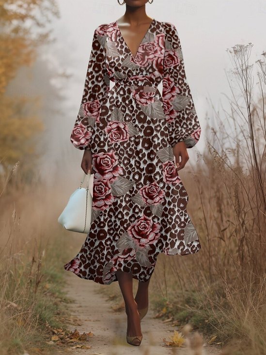 Damen Geblümt Puffärmel Frühling/Herbst Kleid V-Ausschnitt Langarm A-Linien-Kleid