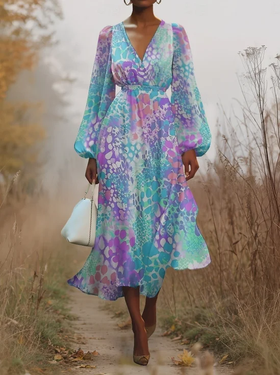 Damen Geblümt Puffärmel Frühling/Herbst Kleid V-Ausschnitt Langarm A-Linien-Kleid