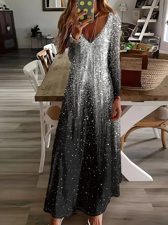 Damen Abstrakt Frühling/Herbst Print Kleid V-Ausschnitt Langarm H-Linie Kleid