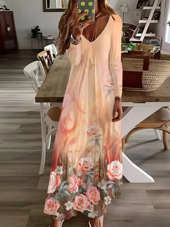 Damen Geblümt Frühling/Herbst Print Kleid V-Ausschnitt Langarm H-Linie Kleid