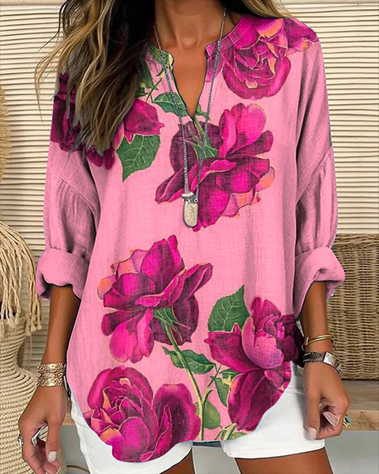 V-Ausschnitt Langarm Geblümt Print Regelmäßig Weit Bluse für Damen