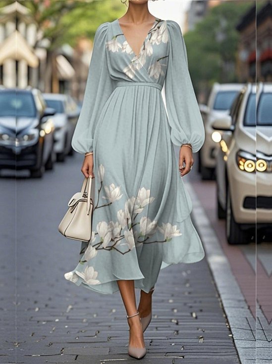 Damen Geblümt Puffärmel Frühling/Herbst Kleid V-Ausschnitt Langarm A-Linien-Kleid