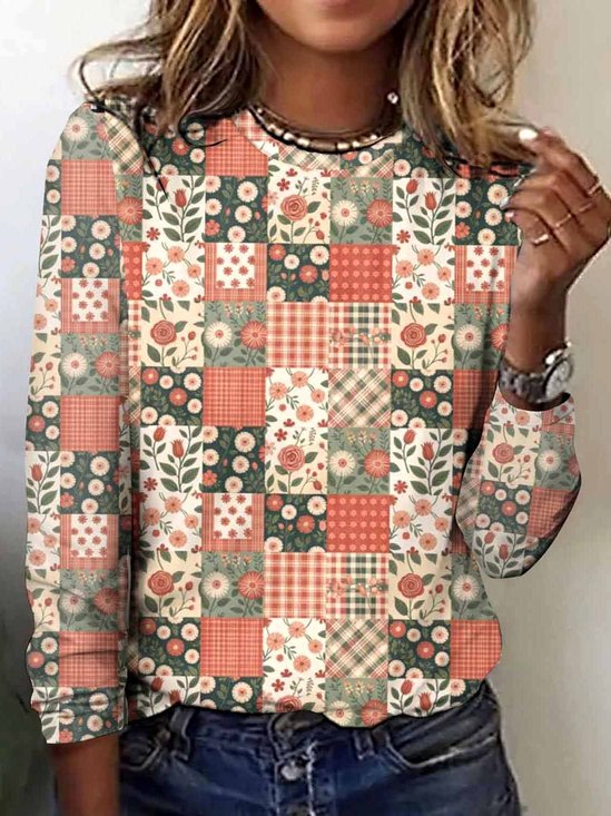 Retro Kariert Rundhals Langarm T-Shirt