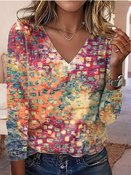 Lässig Geometrisch V-Ausschnitt Langarm T-Shirt