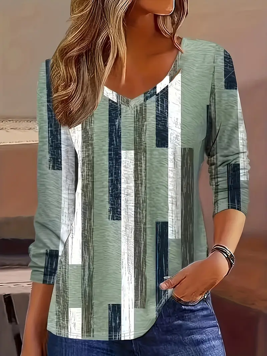 Lässig Geometrisch V-Ausschnitt Langarm T-Shirt