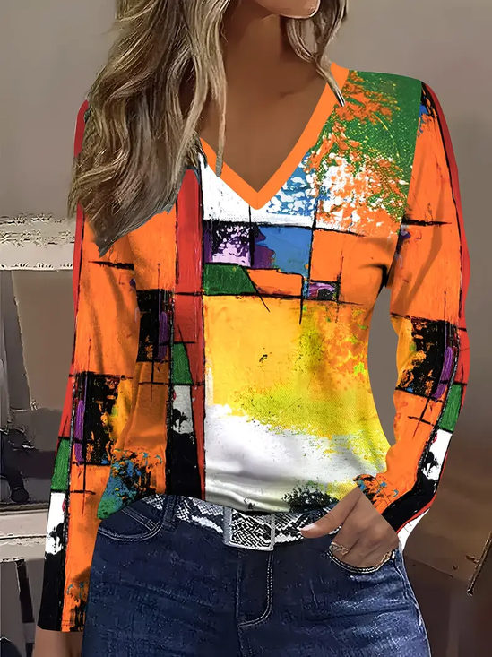 Lässig Abstrakt V-Ausschnitt Langarm T-Shirt