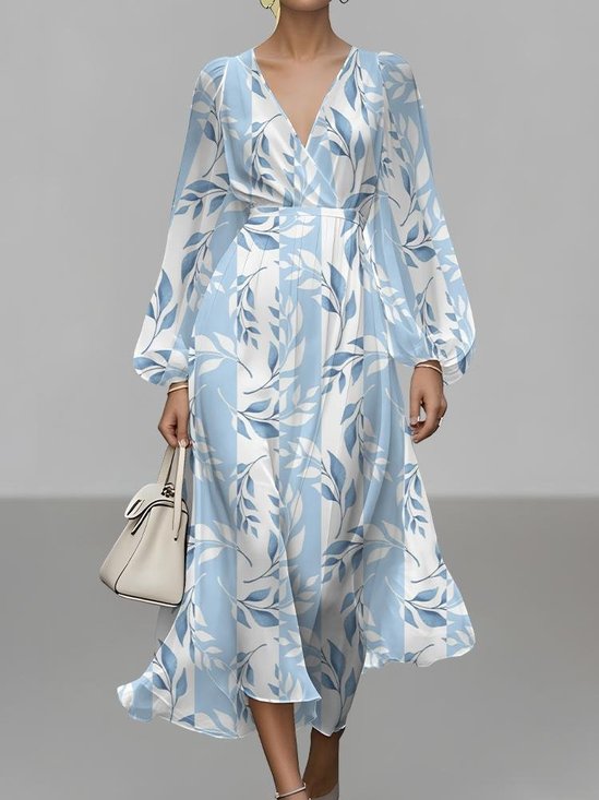 Damen Gestreift Puffärmel Frühling/Herbst Kleid V-Ausschnitt Langarm A-Linien-Kleid