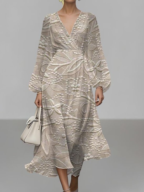 Damen Geblümt Puffärmel Frühling/Herbst Kleid V-Ausschnitt Langarm A-Linien-Kleid