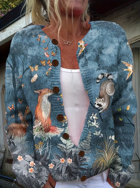 Damen Gestrickt Geblümt Langarm Bequem Retro Strickjacke
