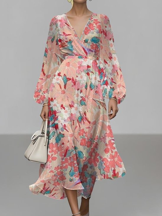 Damen Geblümt Puffärmel Frühling/Herbst Kleid V-Ausschnitt Langarm A-Linien-Kleid